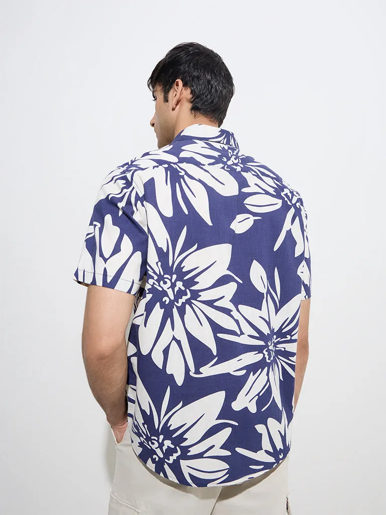 WES Casuals Navy Floral Printed Relaxed-Fit Cotton Shirt