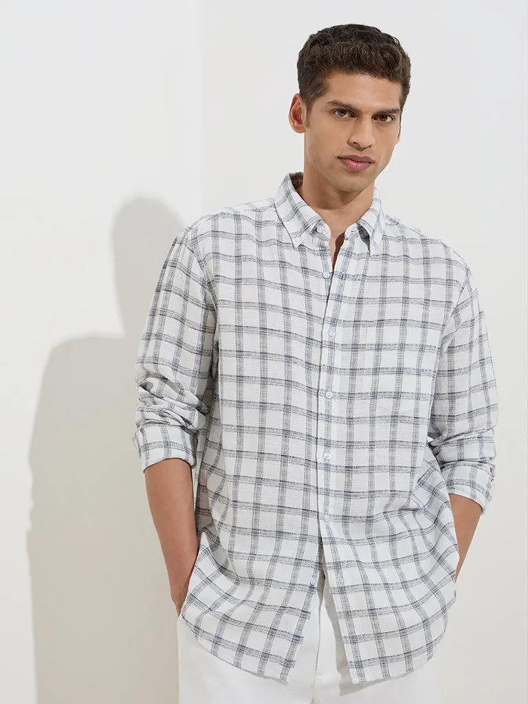 WES Casuals Off-White Checks Design Relaxed-Fit Cotton Shirt