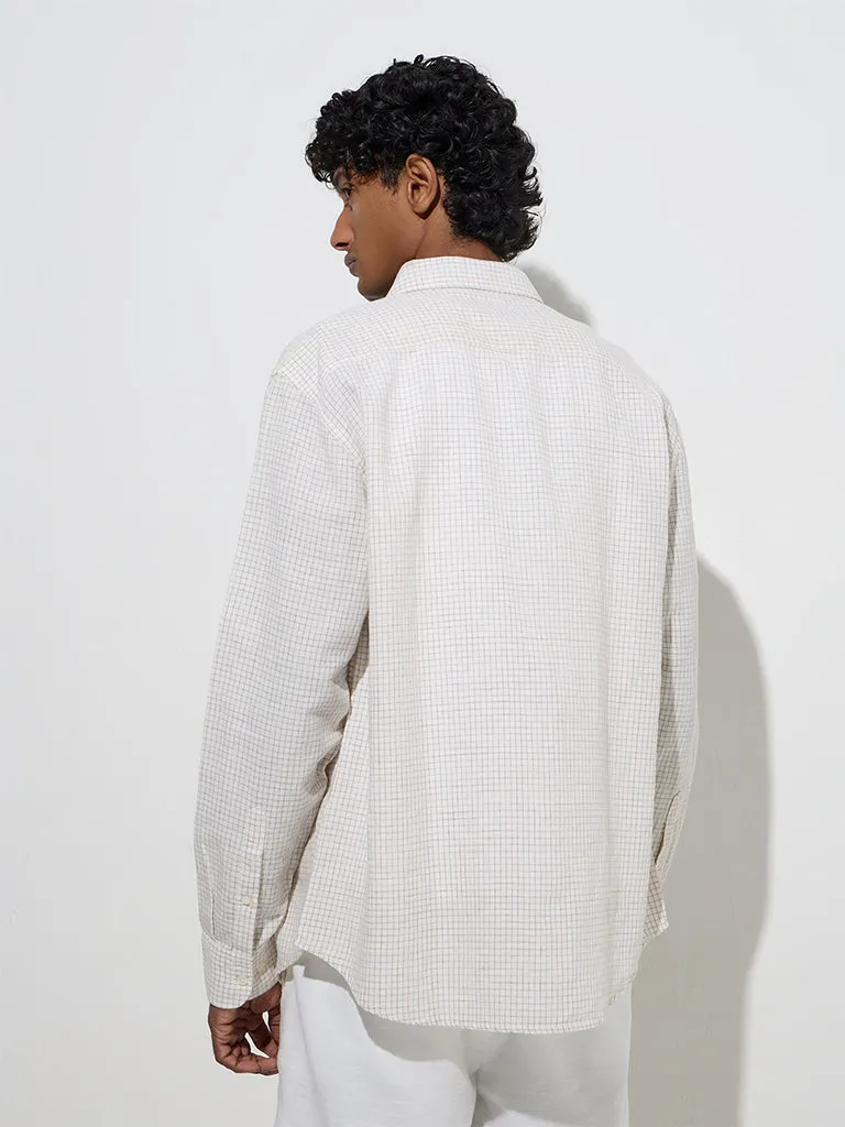 WES Casuals Off-White Checks Relaxed-Fit Cotton-Blend Shirt