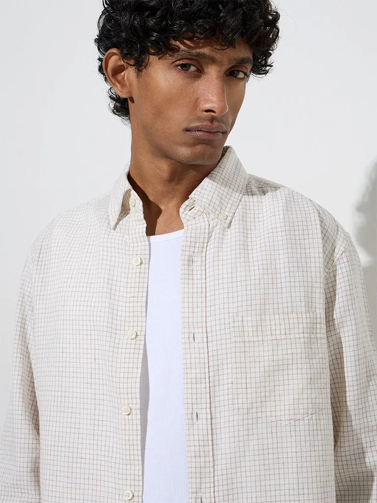 WES Casuals Off-White Checks Relaxed-Fit Cotton-Blend Shirt