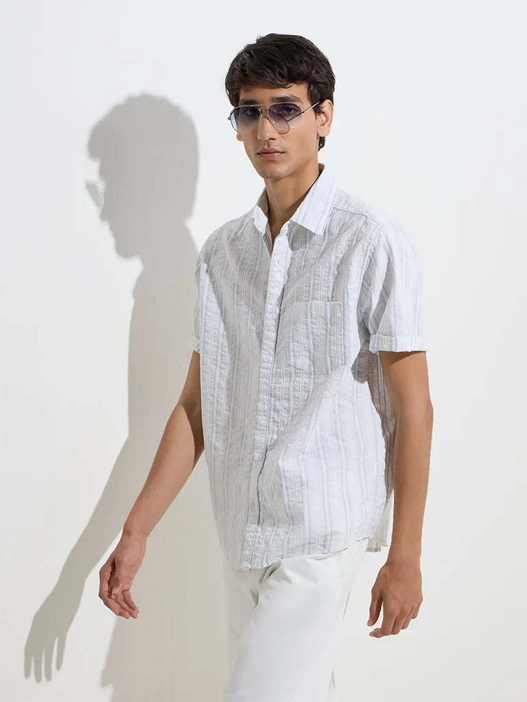 WES Casuals Off-White Striped Relaxed-Fit Cotton Shirt