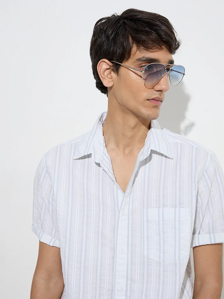 WES Casuals Off-White Striped Relaxed-Fit Cotton Shirt