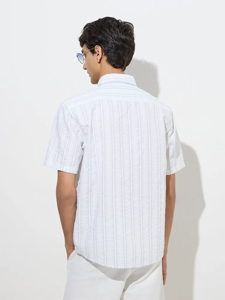 WES Casuals Off-White Striped Relaxed-Fit Cotton Shirt