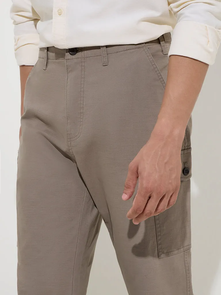 WES Casuals Taupe Relaxed-Fit Cotton-Blend Trousers