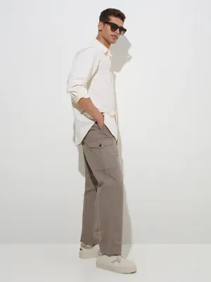 WES Casuals Taupe Relaxed-Fit Cotton-Blend Trousers