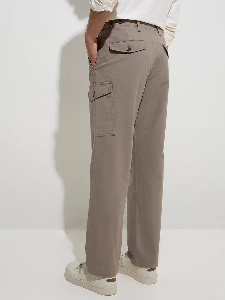 WES Casuals Taupe Relaxed-Fit Cotton-Blend Trousers