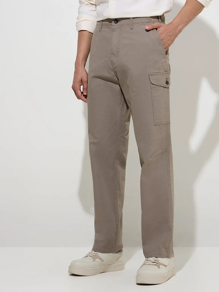 WES Casuals Taupe Relaxed-Fit Cotton-Blend Trousers