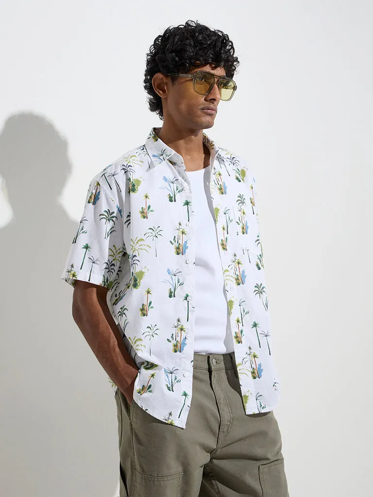 WES Casuals White Tropical Print Relaxed-Fit Cotton Shirt