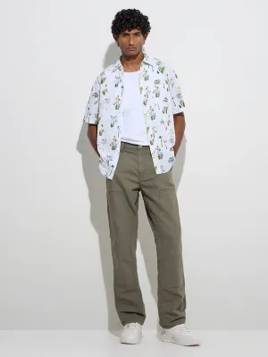 WES Casuals White Tropical Print Relaxed-Fit Cotton Shirt