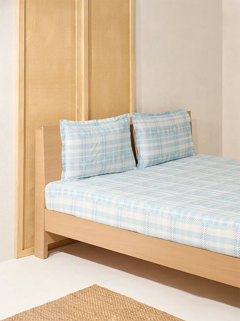 Westside Home Aqua Checks Printed Queen Bed Flat Sheet and Pillowcase Set