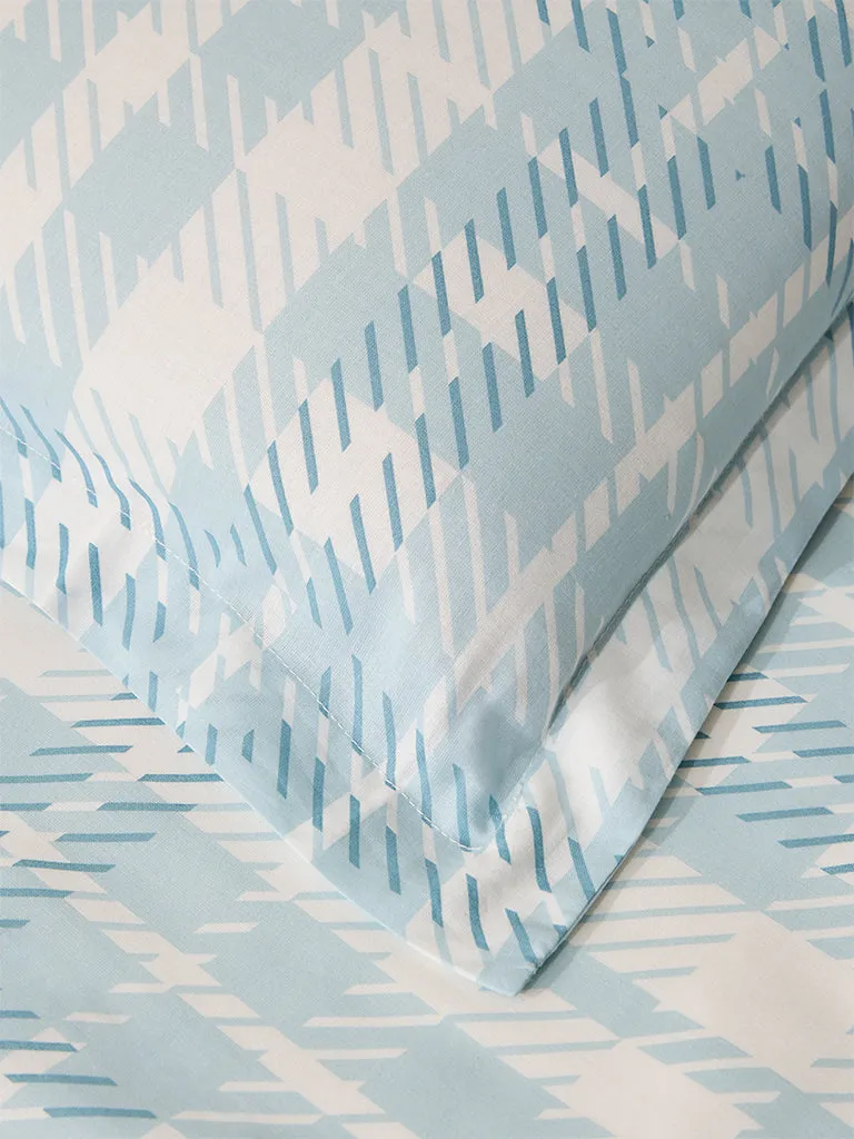 Westside Home Aqua Checks Printed Queen Bed Flat Sheet and Pillowcase Set
