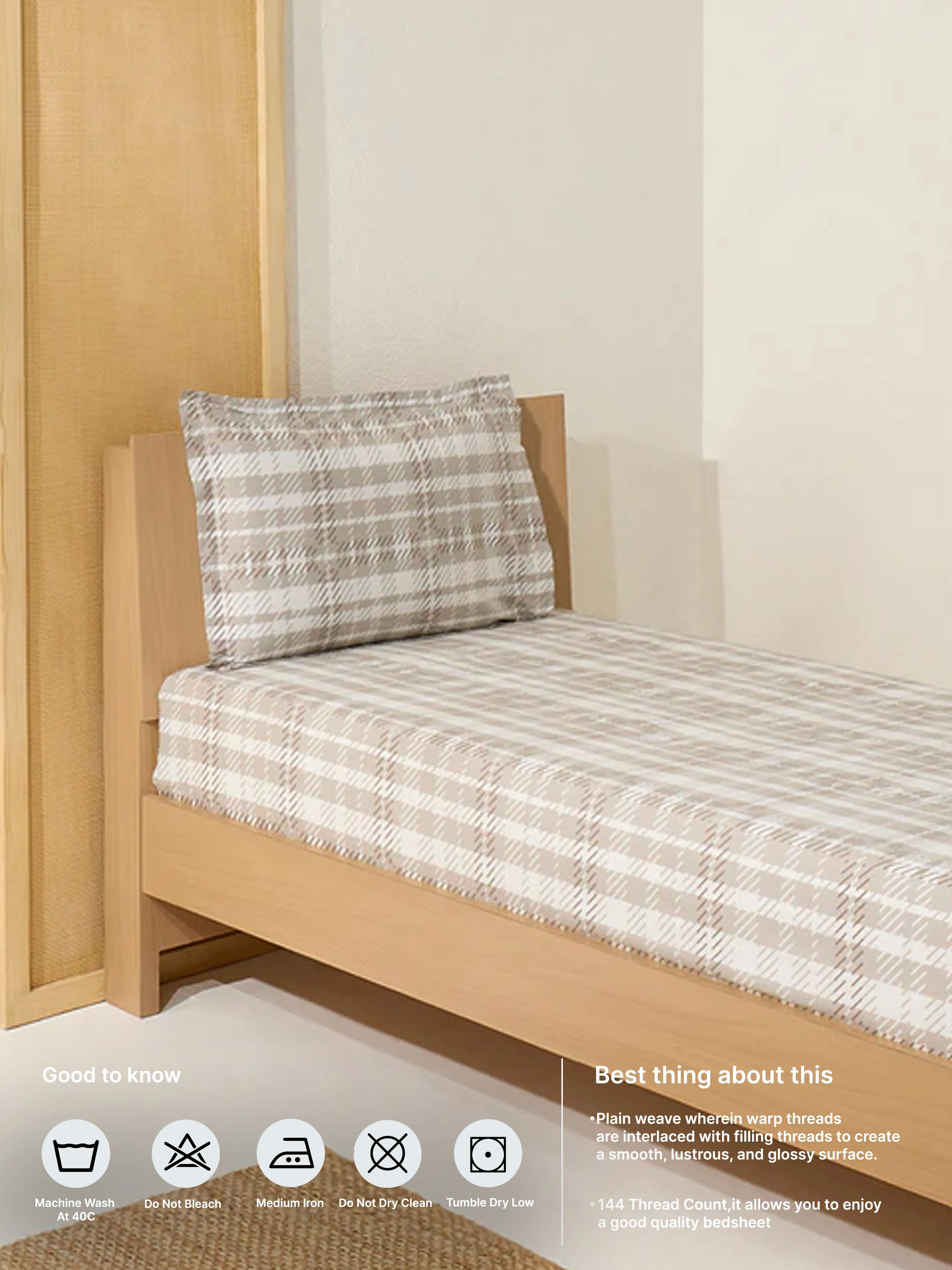 Westside Home Beige Checkered Single Bed Flat Sheet and Pillowcase Set