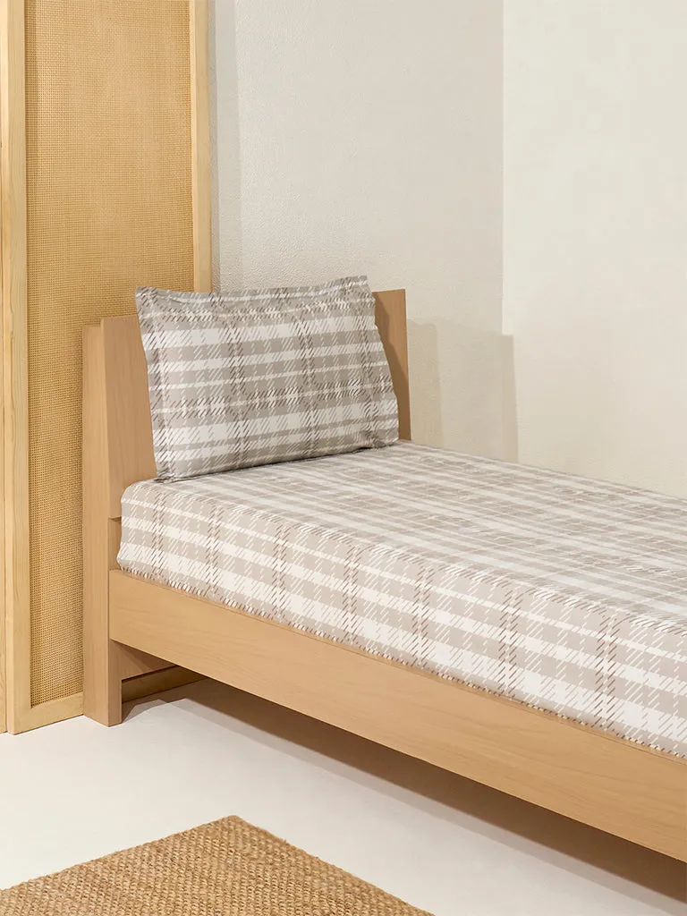 Westside Home Beige Checkered Single Bed Flat Sheet and Pillowcase Set