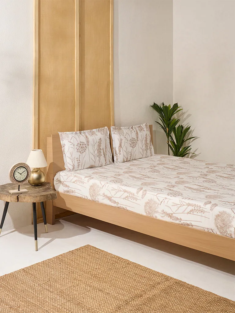 Westside Home Beige Floral Printed King Bed Flat Sheet and Pillowcase Set