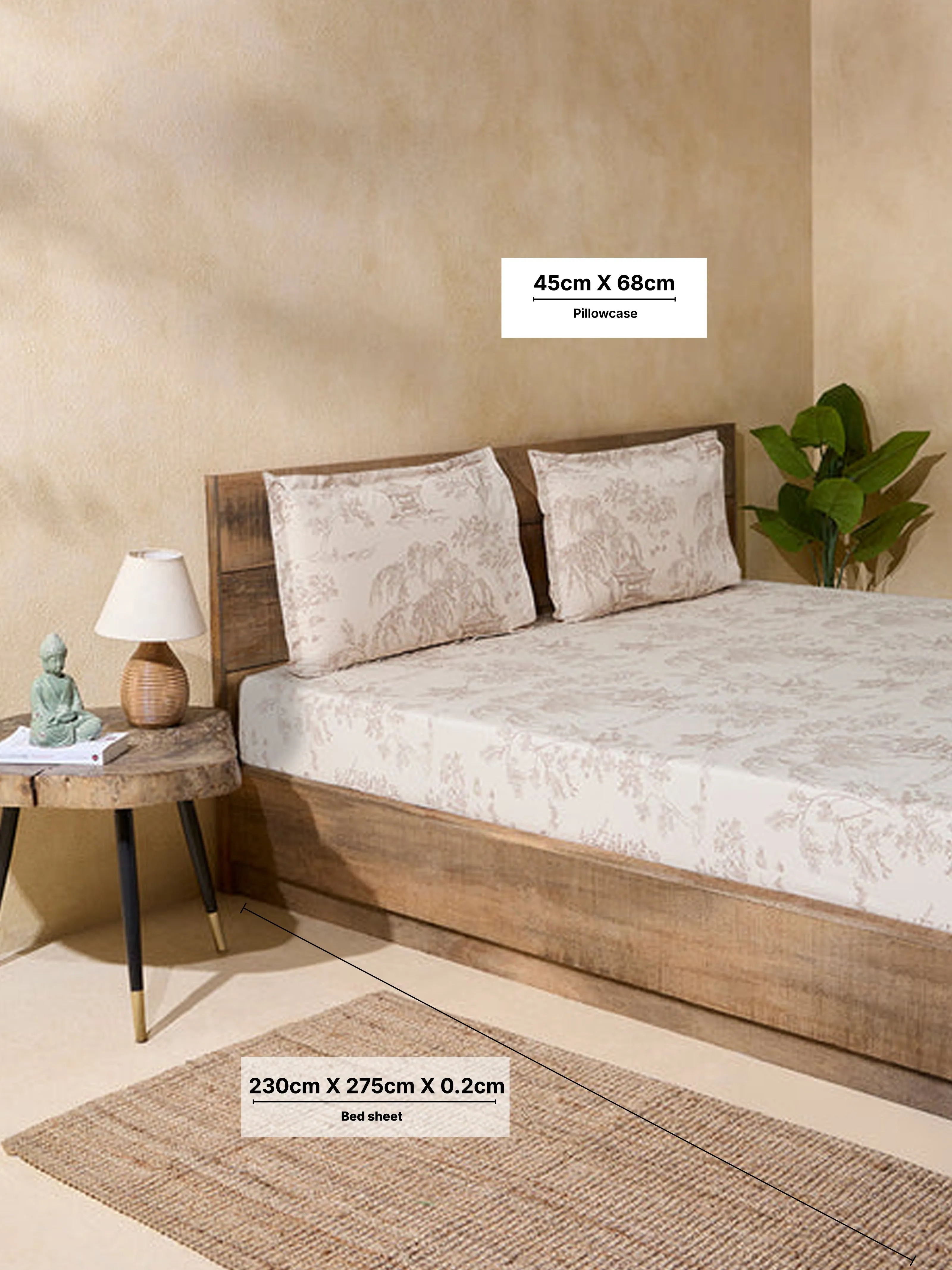 Westside Home Beige Toile Printed Queen Bed Flat Sheet and Pillowcase Set
