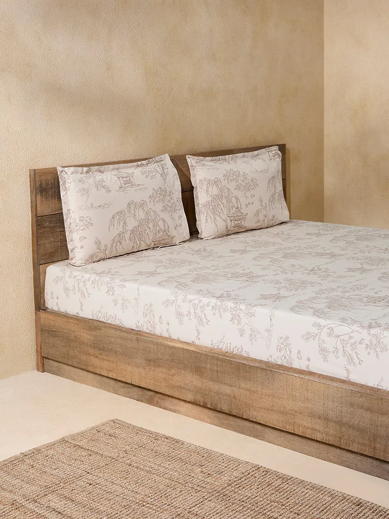 Westside Home Beige Toile Printed Queen Bed Flat Sheet and Pillowcase Set