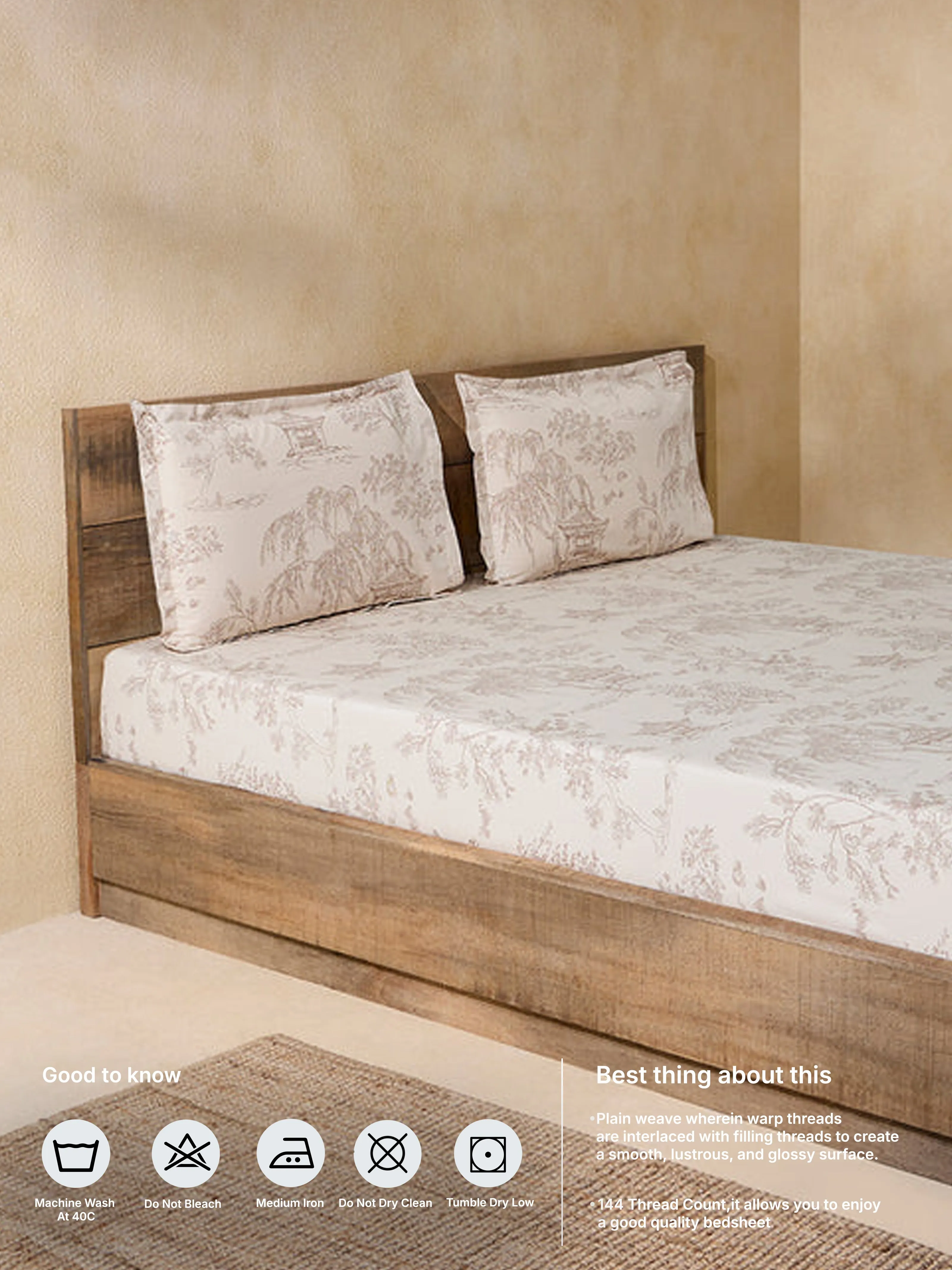Westside Home Beige Toile Printed Queen Bed Flat Sheet and Pillowcase Set