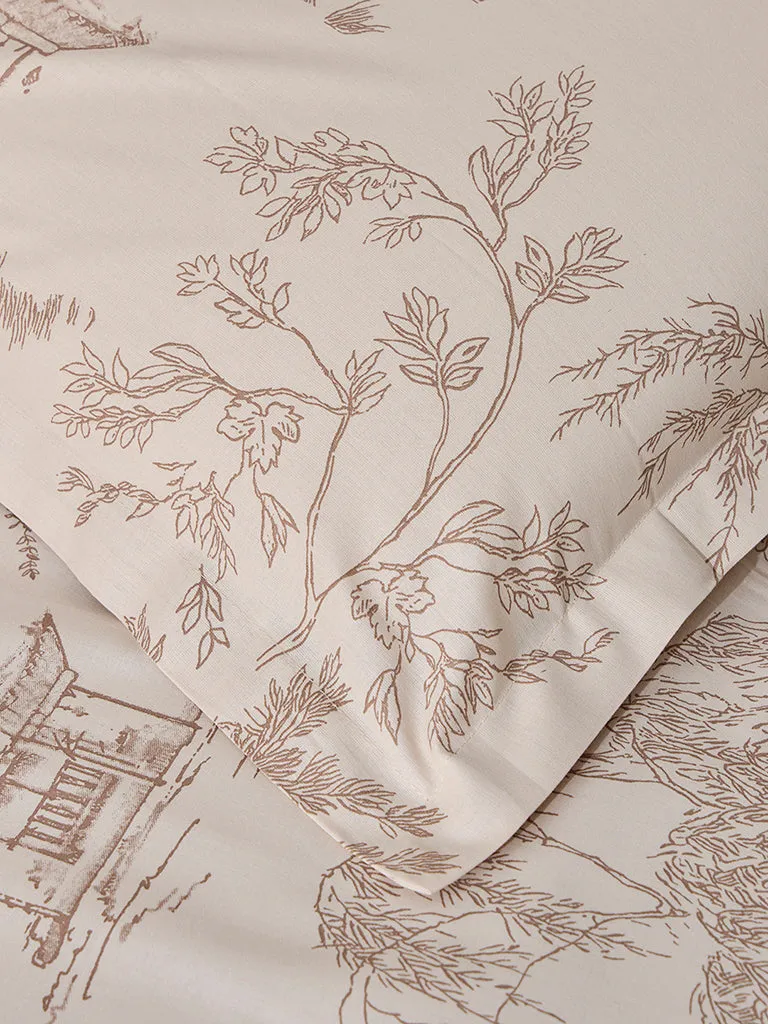 Westside Home Beige Toile Printed Queen Bed Flat Sheet and Pillowcase Set
