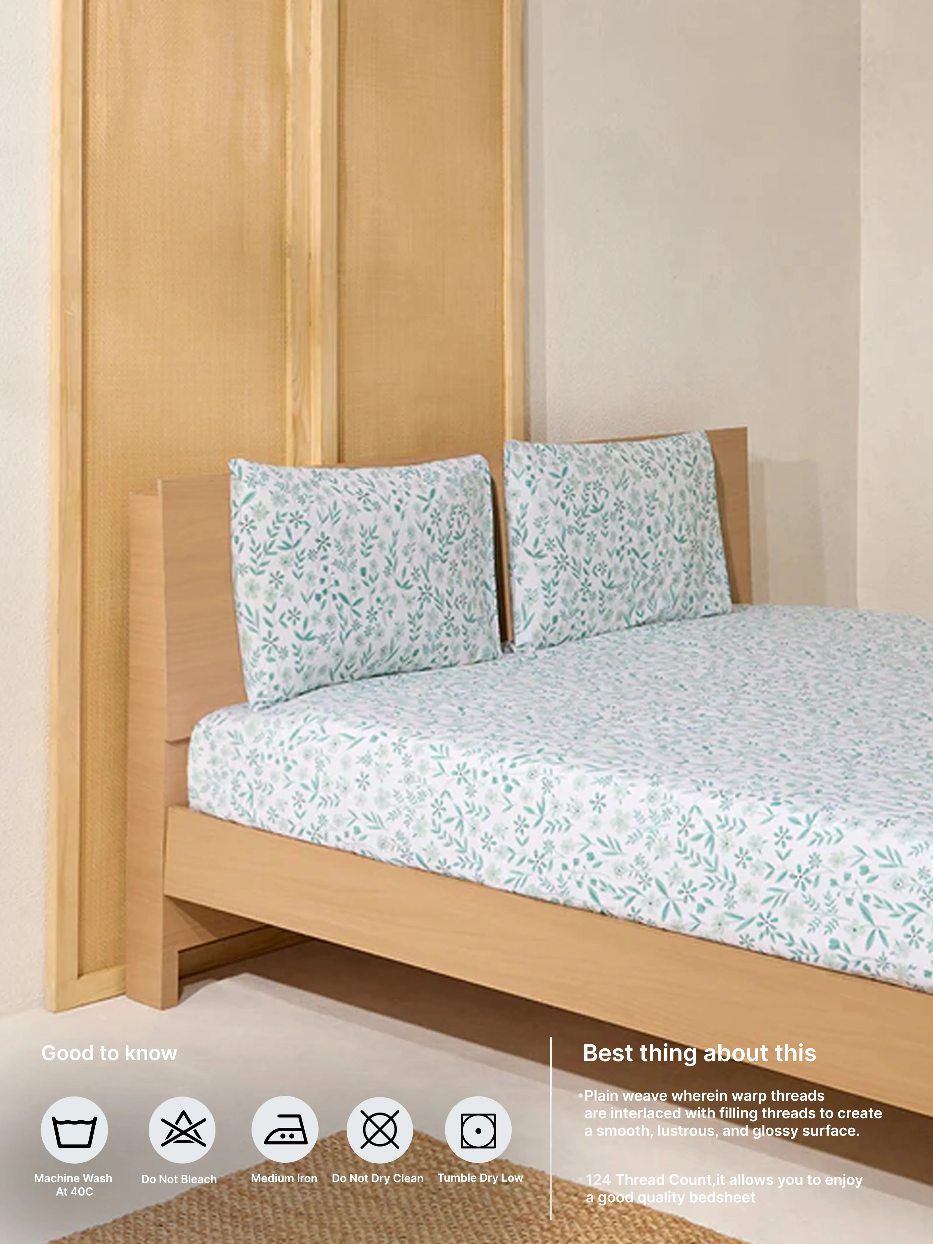 Westside Home Blue Floral Design King Bed Flat Sheet and Pillowcase Set