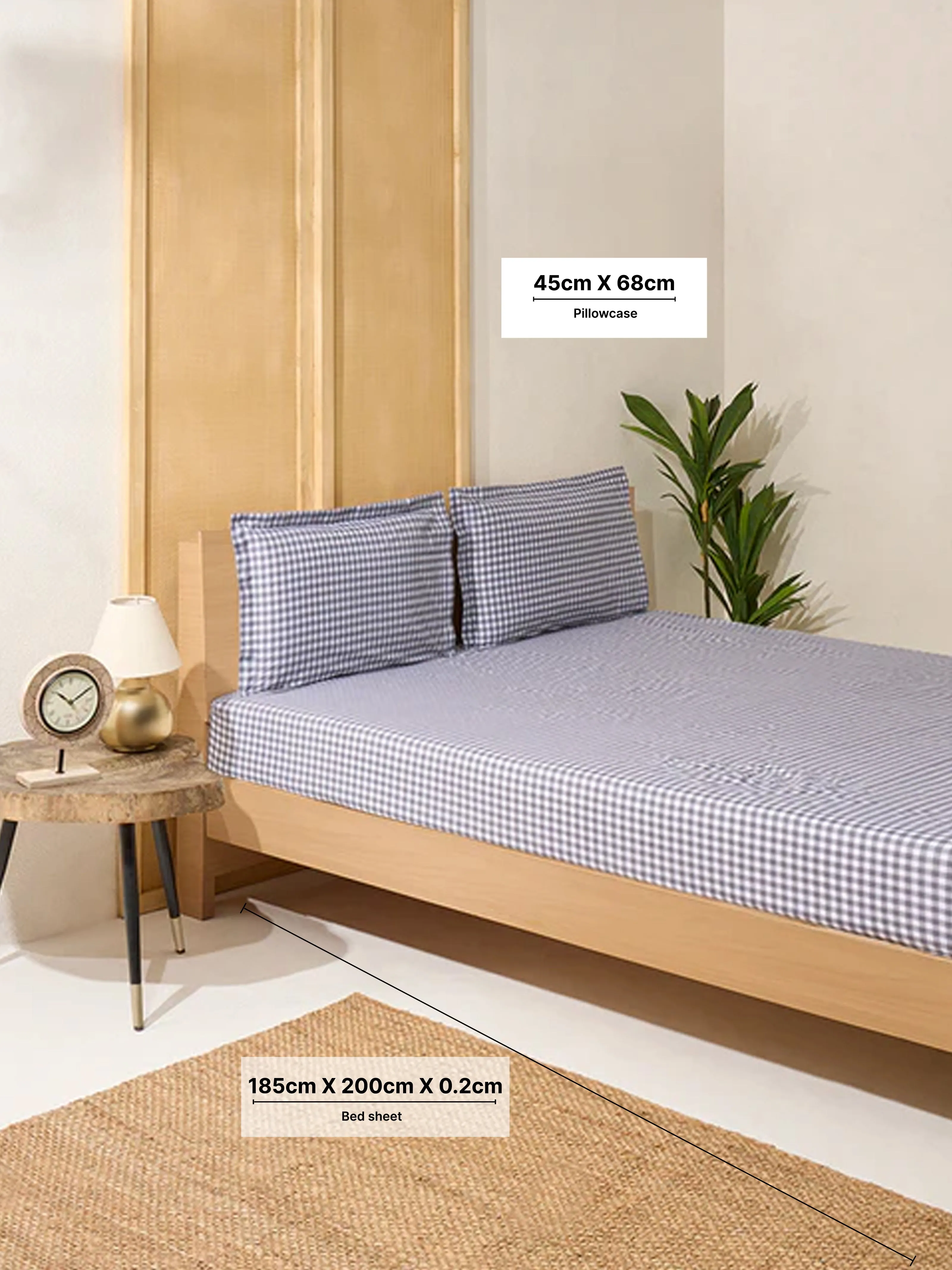 Westside Home Charcoal Gingham Checkered King Bed Fitted Sheet and Pillowcase Set