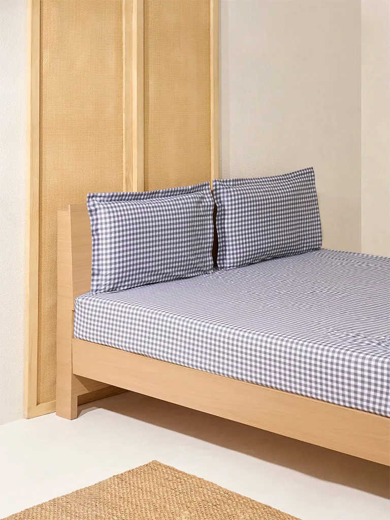 Westside Home Charcoal Gingham Checkered King Bed Fitted Sheet and Pillowcase Set