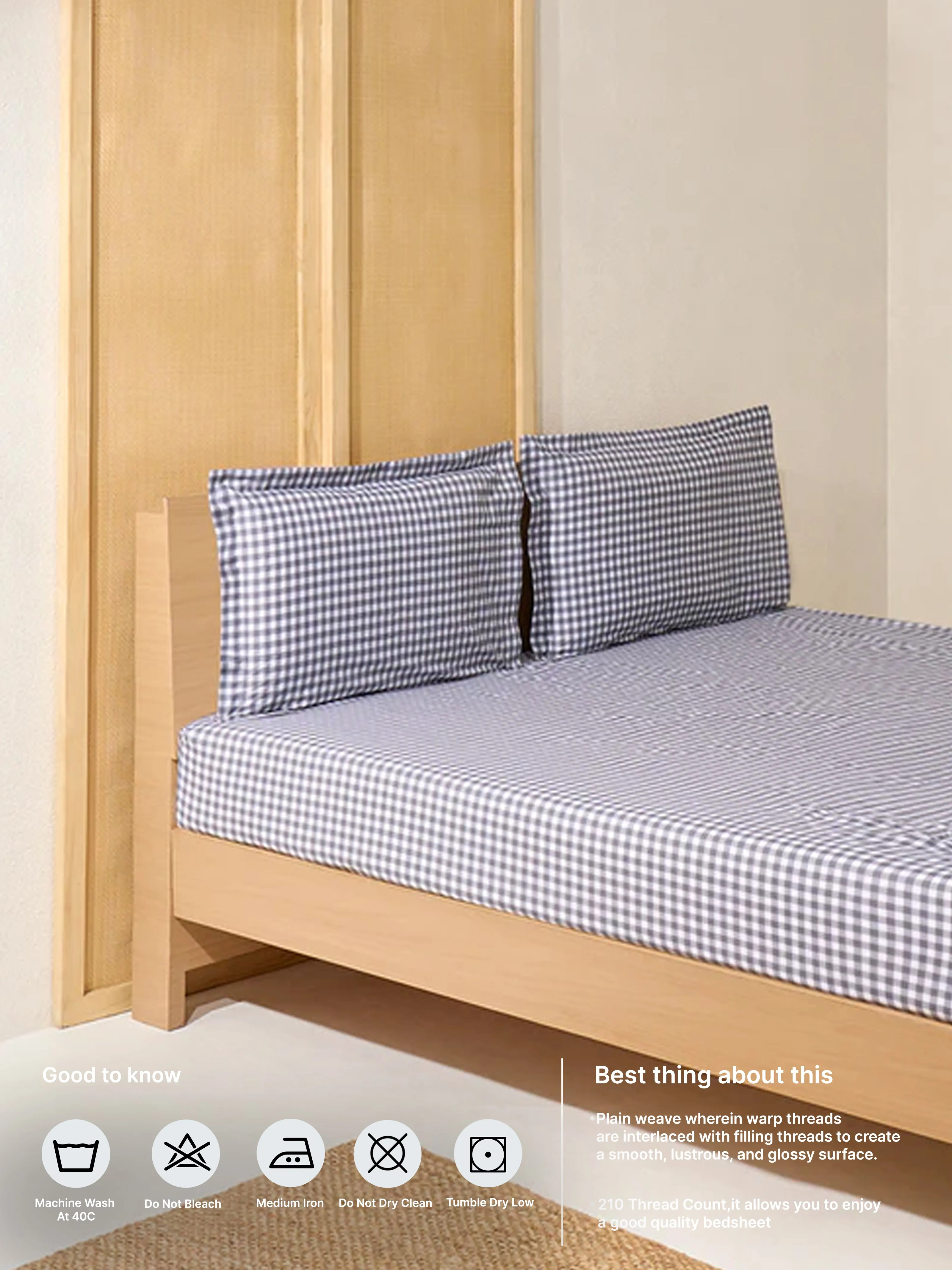 Westside Home Charcoal Gingham Checkered King Bed Fitted Sheet and Pillowcase Set