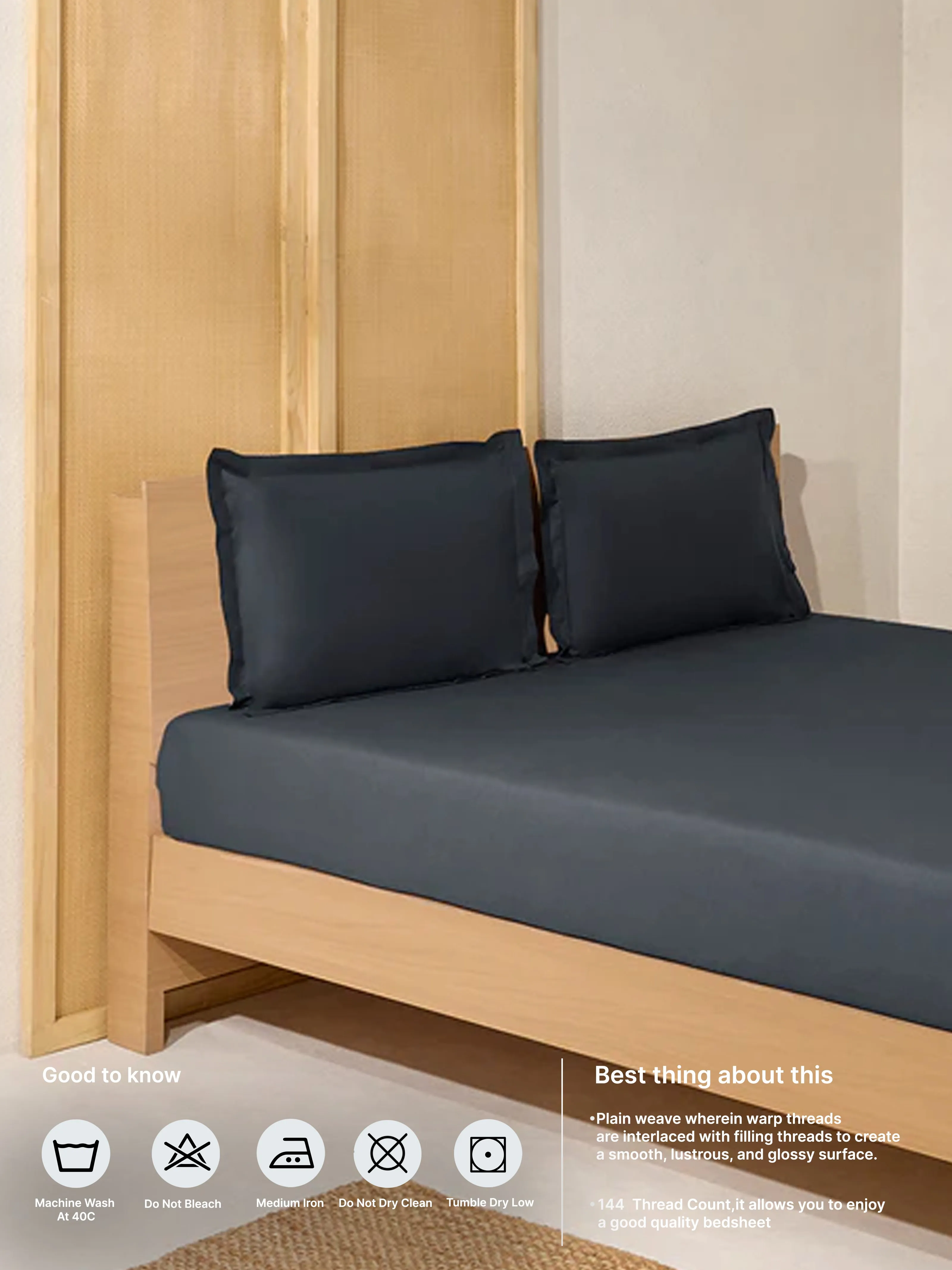 Westside Home Charcoal Solid King Bed Fitted Sheet and Pillowcase Set
