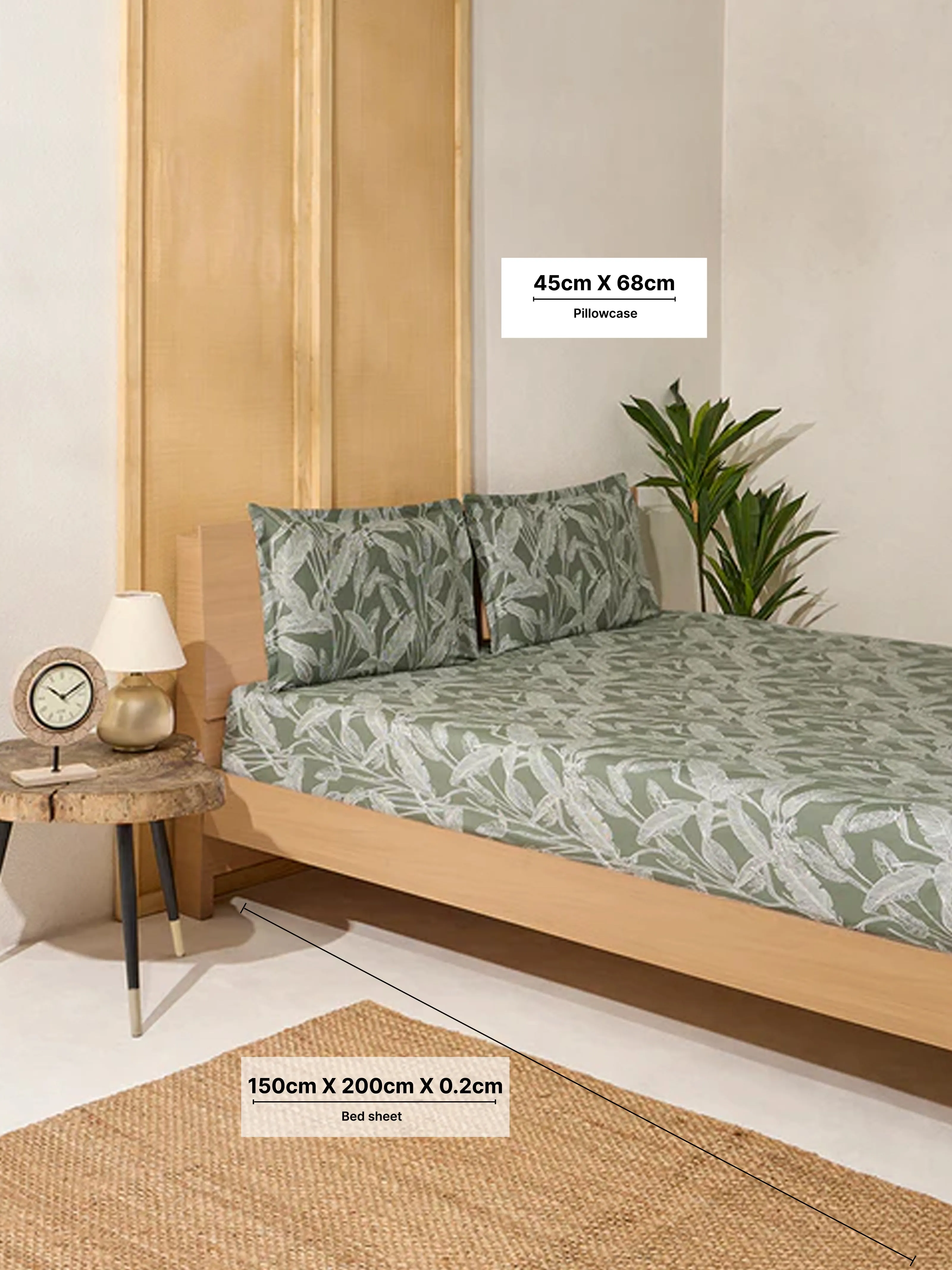 Westside Home Sage Leaf Pattern Queen Bed Fitted Sheet and Pillowcase Set