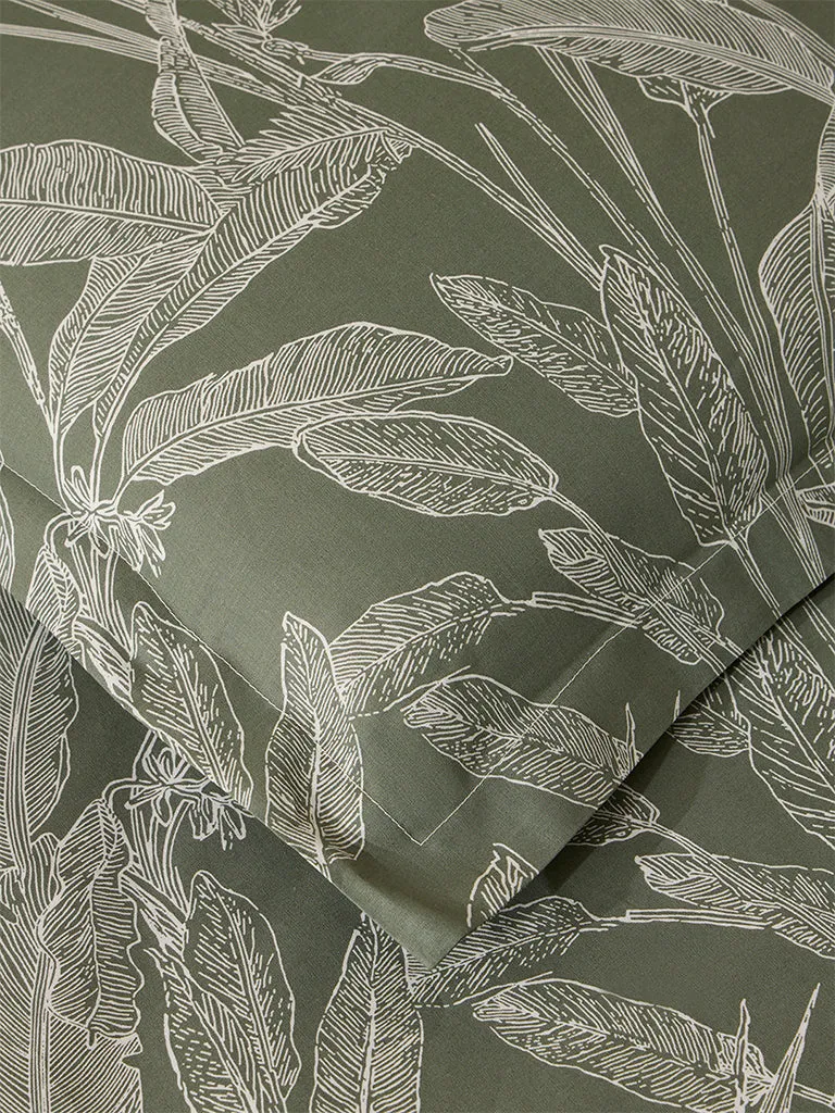 Westside Home Sage Leaf Pattern Queen Bed Fitted Sheet and Pillowcase Set