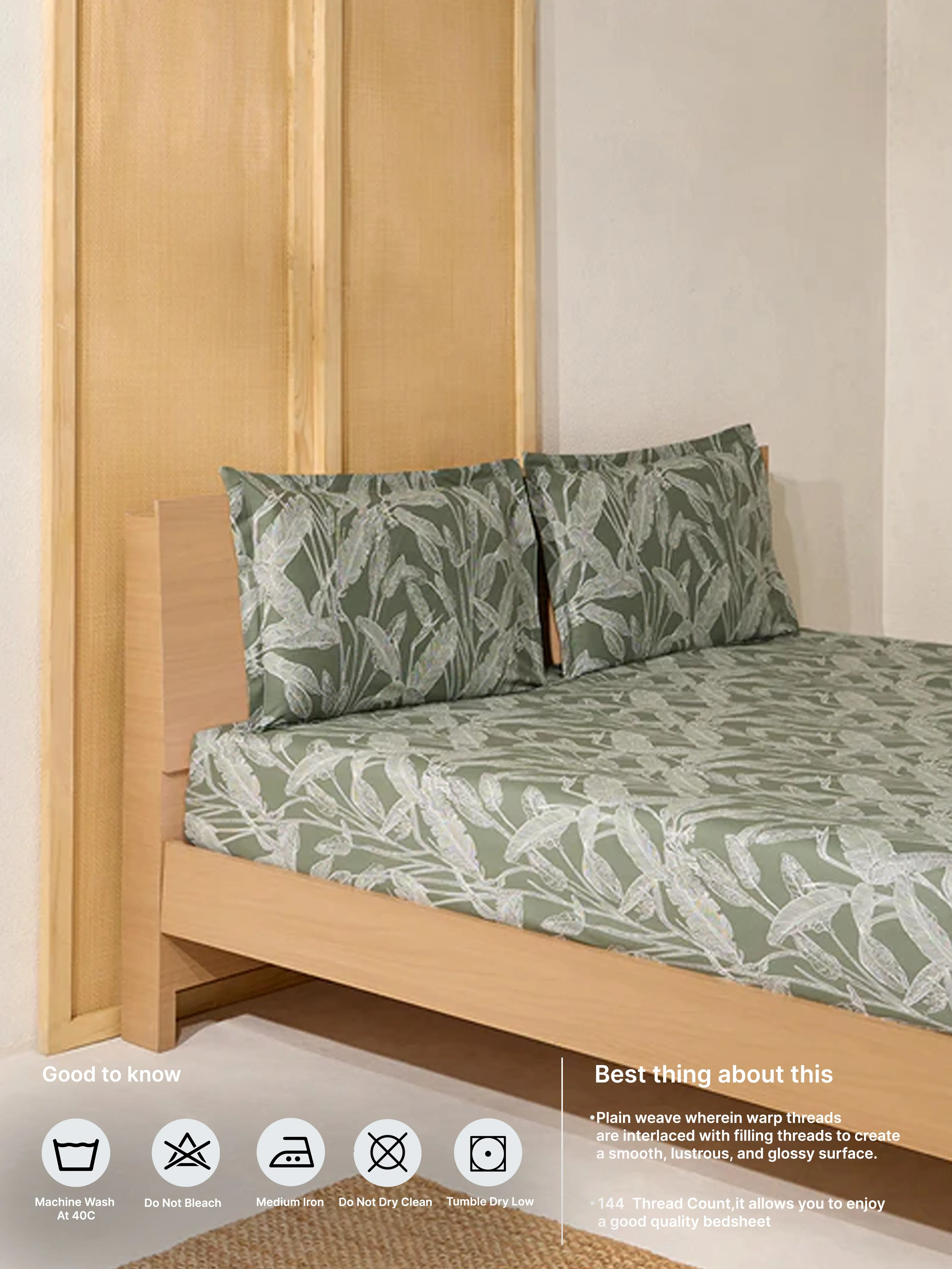 Westside Home Sage Leaf Pattern Queen Bed Fitted Sheet and Pillowcase Set