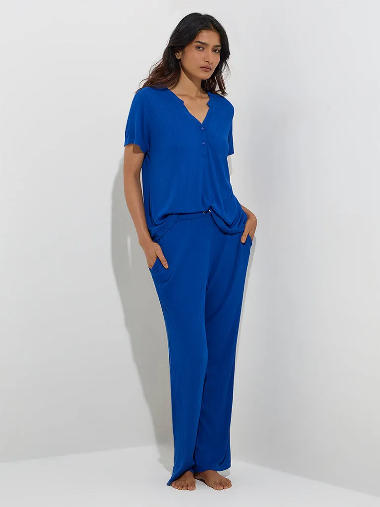 Wunderlove Blue Ribbed-Textured Henley Top
