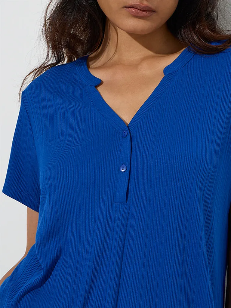 Wunderlove Blue Ribbed-Textured Henley Top