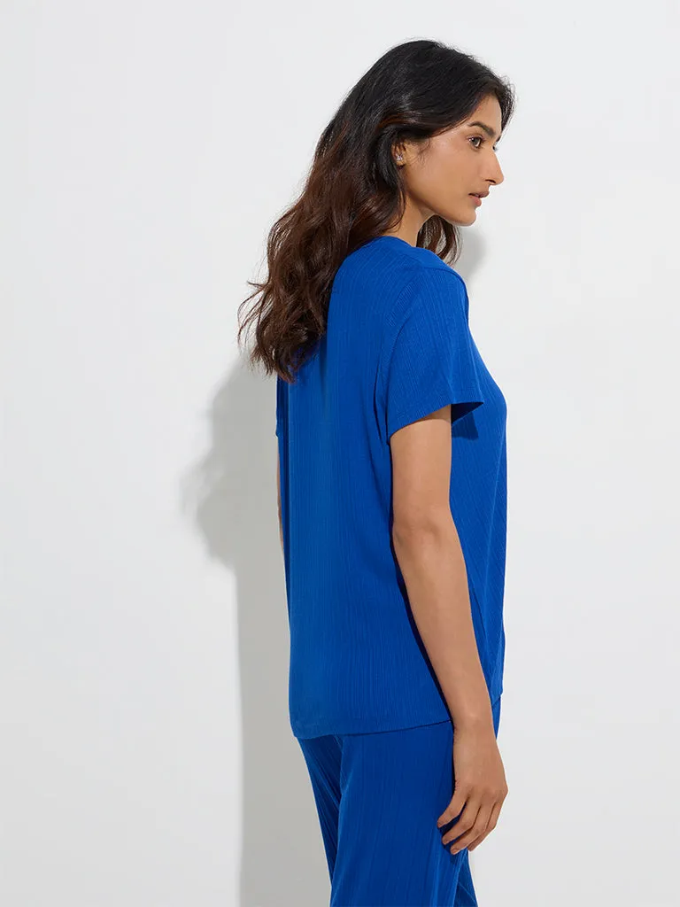 Wunderlove Blue Ribbed-Textured Henley Top
