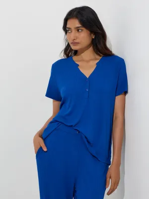 Wunderlove Blue Ribbed-Textured Henley Top