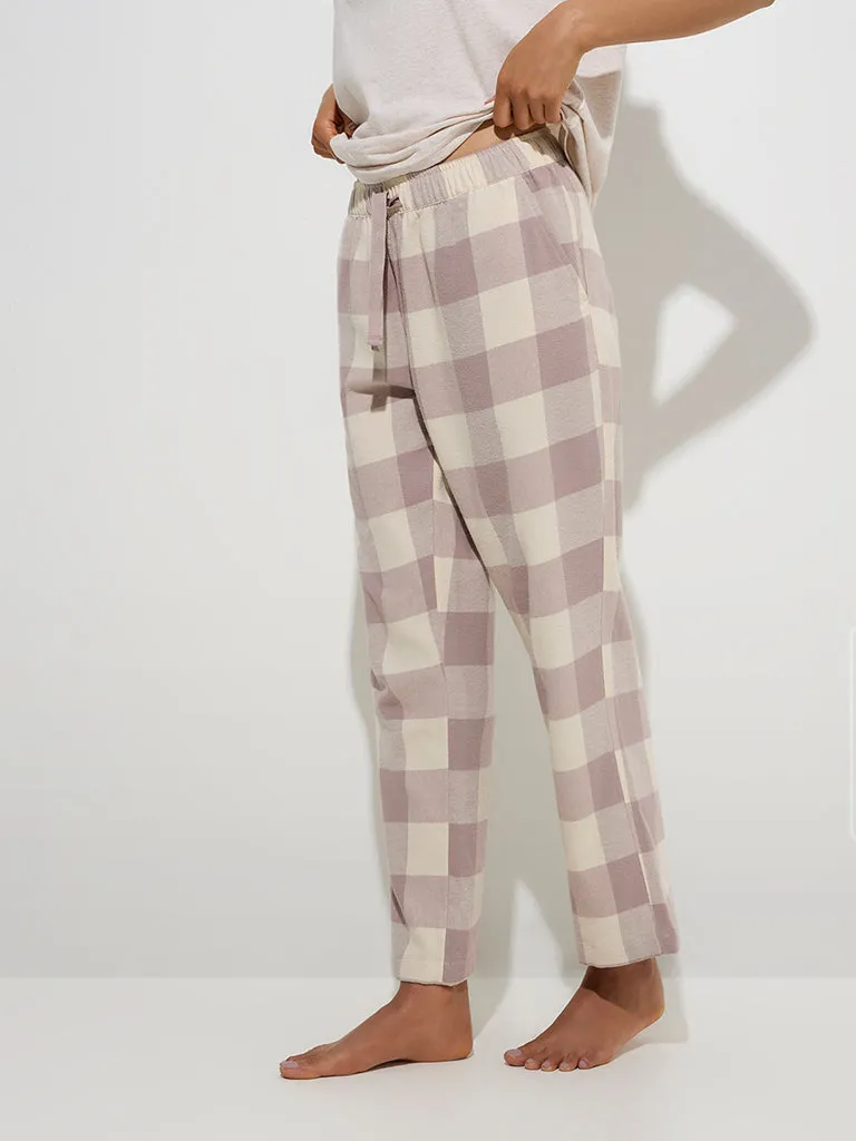 Wunderlove Mauve Checkered High-Rise Cotton Lounge Pyjamas