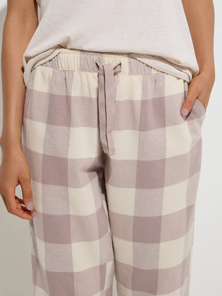 Wunderlove Mauve Checkered High-Rise Cotton Lounge Pyjamas