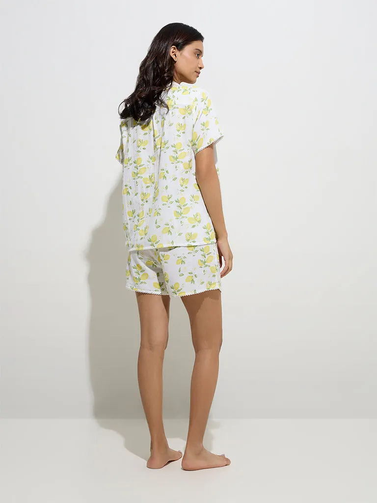 Wunderlove Yellow Lemon Design Cotton Shirt with Shorts Set