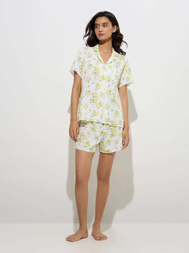 Wunderlove Yellow Lemon Design Cotton Shirt with Shorts Set