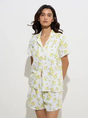 Wunderlove Yellow Lemon Design Cotton Shirt with Shorts Set