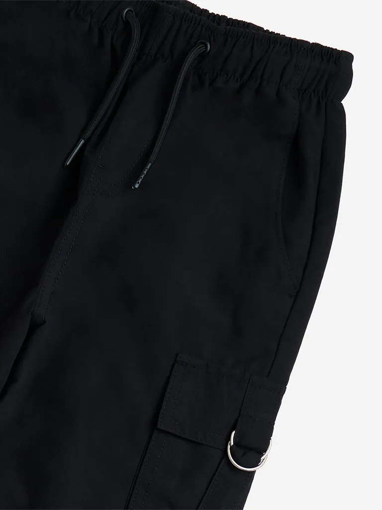 Y&F Kids Black Cargo-Style Mid-Rise Cotton Trousers