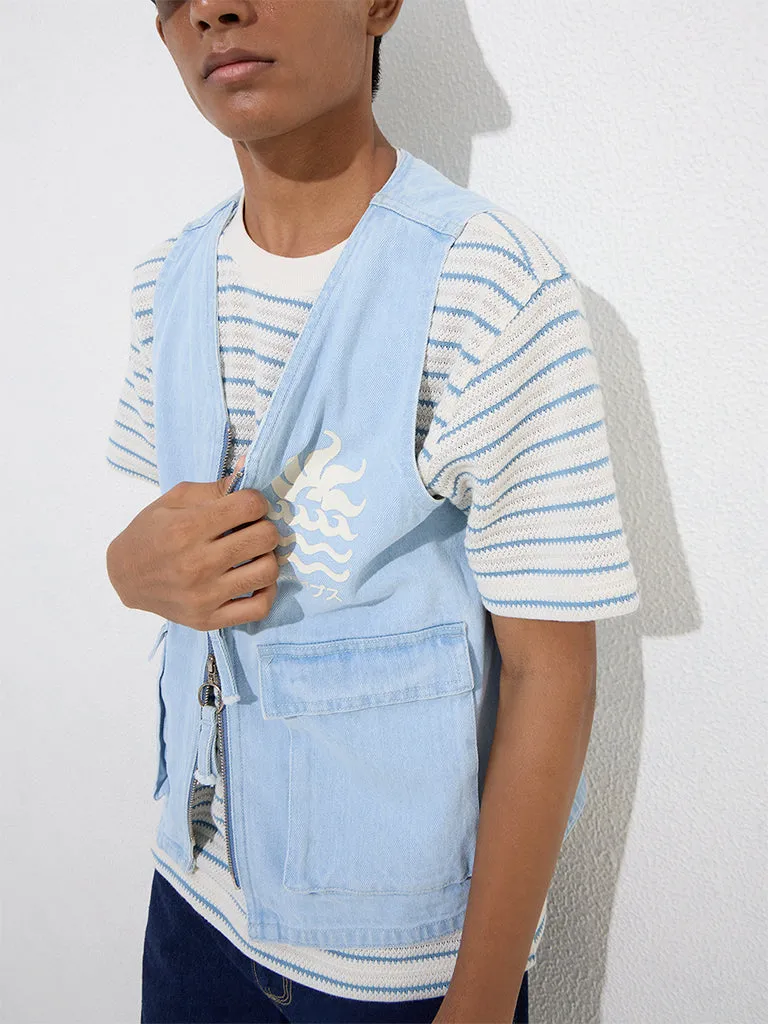 Y&F Kids Blue Text-Printed Denim Jacket