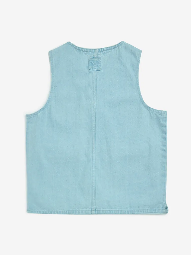 Y&F Kids Blue Text-Printed Denim Jacket
