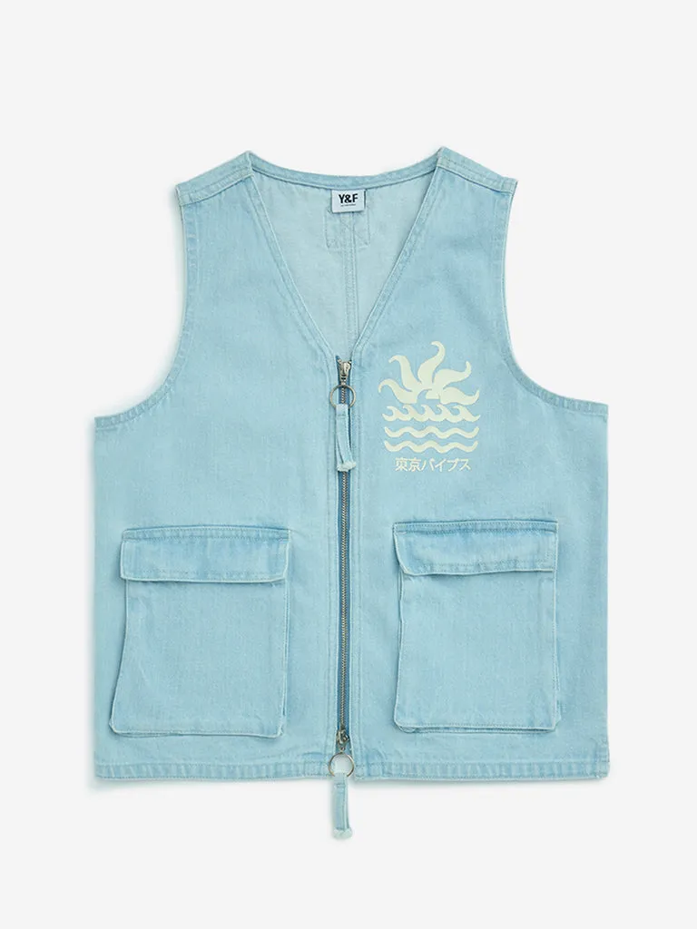Y&F Kids Blue Text-Printed Denim Jacket