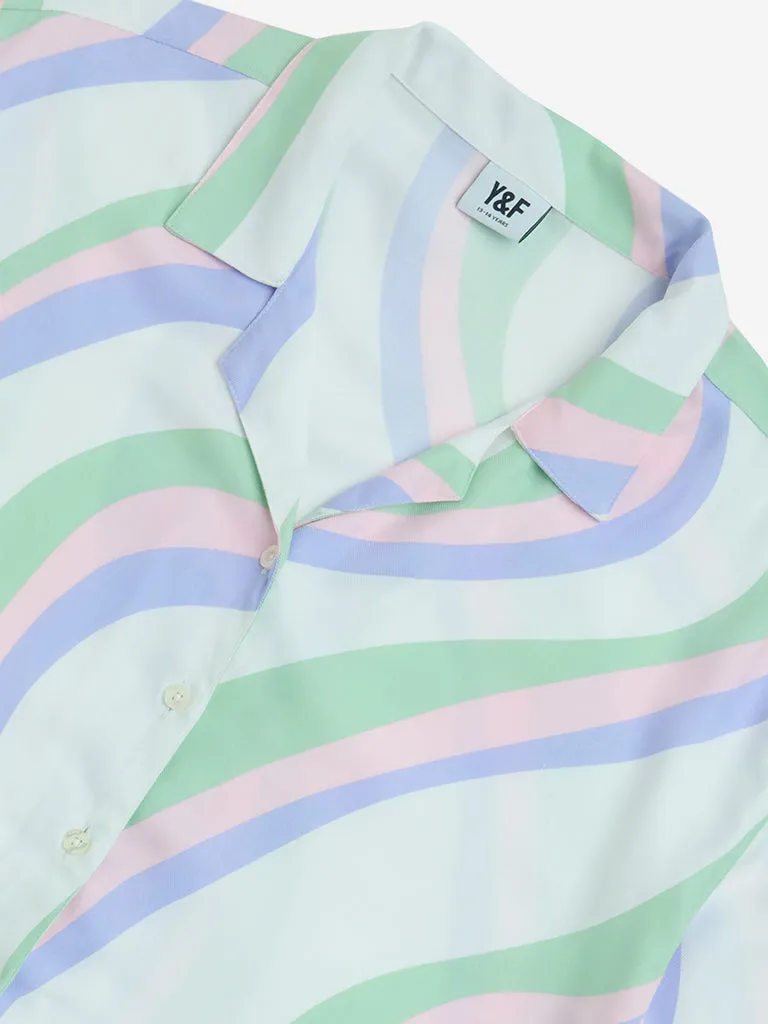 Y&F Kids White Wave Printed Cropped Shirt