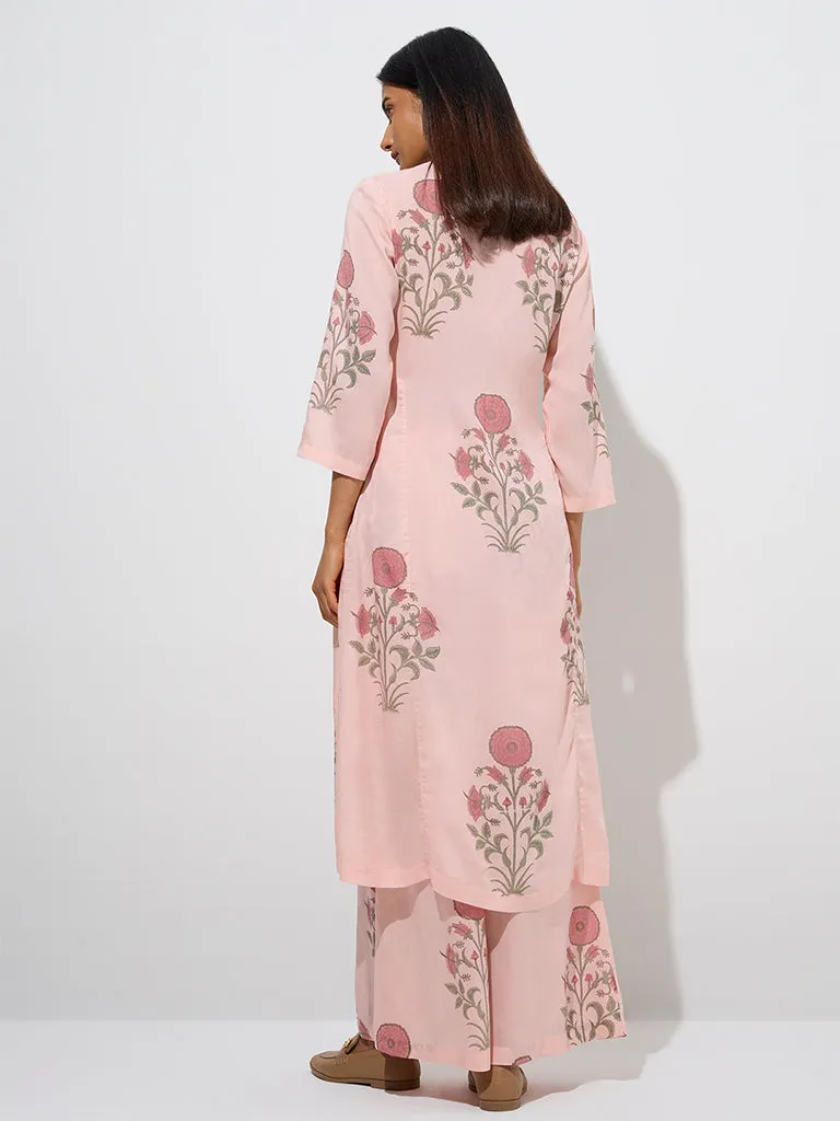 Zuba Peach Floral Buta Design A-Line Kurta