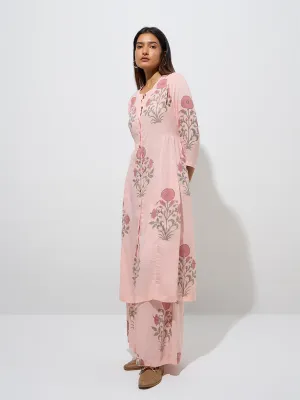 Zuba Peach Floral Buta Design A-Line Kurta